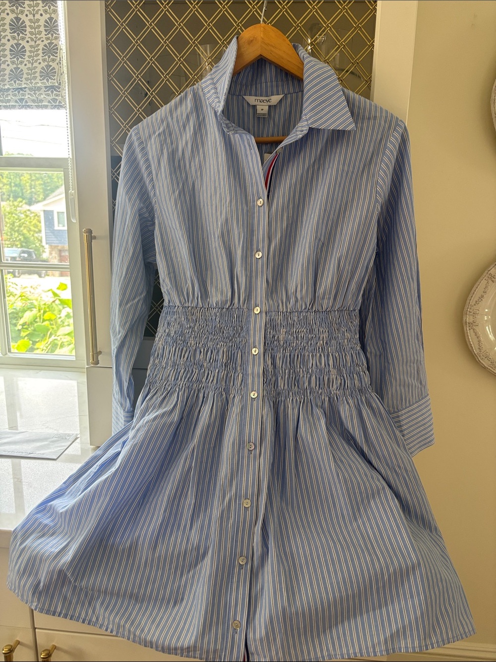 Maeve Blue and White Striped Smocked-Waist Shirt Dress